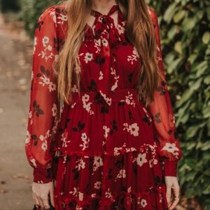 Kate Spade Red Floral Tie-Neck Tiered Long-Sleeve Dress